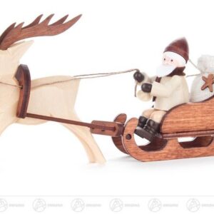 Dregeno Erzgebirge Weihnachtsfigur Weihnachtliche Miniatur Nikolaus im Rentierschlitten natur Breite x H, mit Schlitten und Geschenkesack