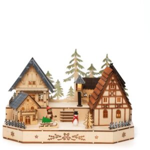 KONSTSMIDE Weihnachtsdorf Weihnachtsdeko, LED Holzsilhouette, Dorf mit Schneemann, Kind und Schlitten