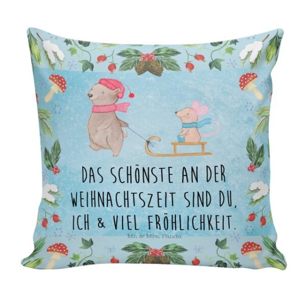 Mr. & Mrs. Panda Dekokissen Bär Maus Schlitten - Eisblau - Geschenk, Advent, Motivkissen, Winterm