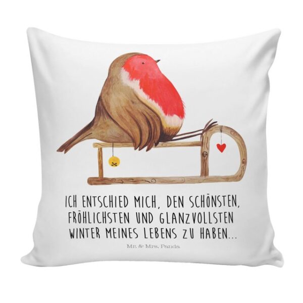 Mr. & Mrs. Panda Dekokissen Rotkehlchen Schlitten - Weiß - Geschenk, Wintermotiv, Advent, Motivk