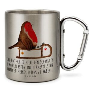 Mr. & Mrs. Panda Tasse Rotkehlchen Schlitten - Transparent - Geschenk, Vogel, Karabiner, Wi, Edelstahl