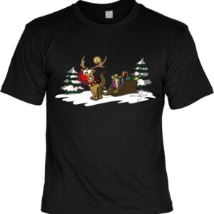 Tini - Shirts Print-Shirt T-Shirt Weihnachten Comic : Rentier mit Schlitten Rudolph T-Shirt, Weihnachten, Weihnachtsfeier, Advent