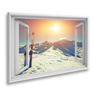 islandburner Leinwandbild Fensterblick Skier im Schnee in den Bergen Sagenhafter Effekt Wandbild