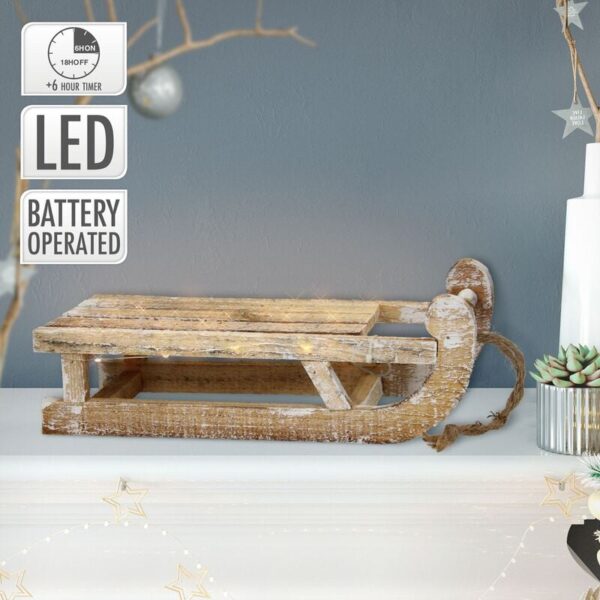 Ecd Germany - Deko Schlitten mit LEDs, 31,5x14,5x10,5 cm, Braun/Natur, aus Holz, Batterriebetrieben, Timer 6 Std., Warmweiß, Weihnachtsdeko