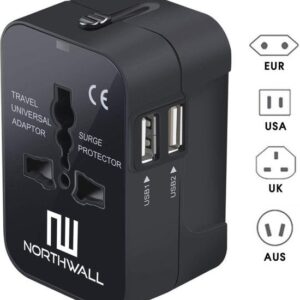 Northwall Universal World Plug mit 2 Schnelllade-USB-Anschlüssen - Internationaler Reisestecker für 150+ Länder - England, Amerika, Südafrika, USA, Italien, Großbritannien, Australien, Indien, ...