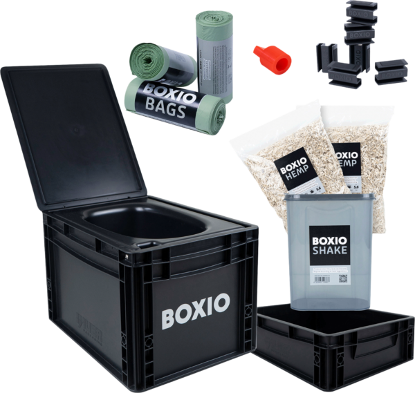 Boxio Toilet Max Plus Trenntoilette Komplettset bestehend aus Toilet / Solo-Up / Plug / 2 x Hanfstreu / 3 x Bags / Shake / 6 x Clips - Trenntoiletten